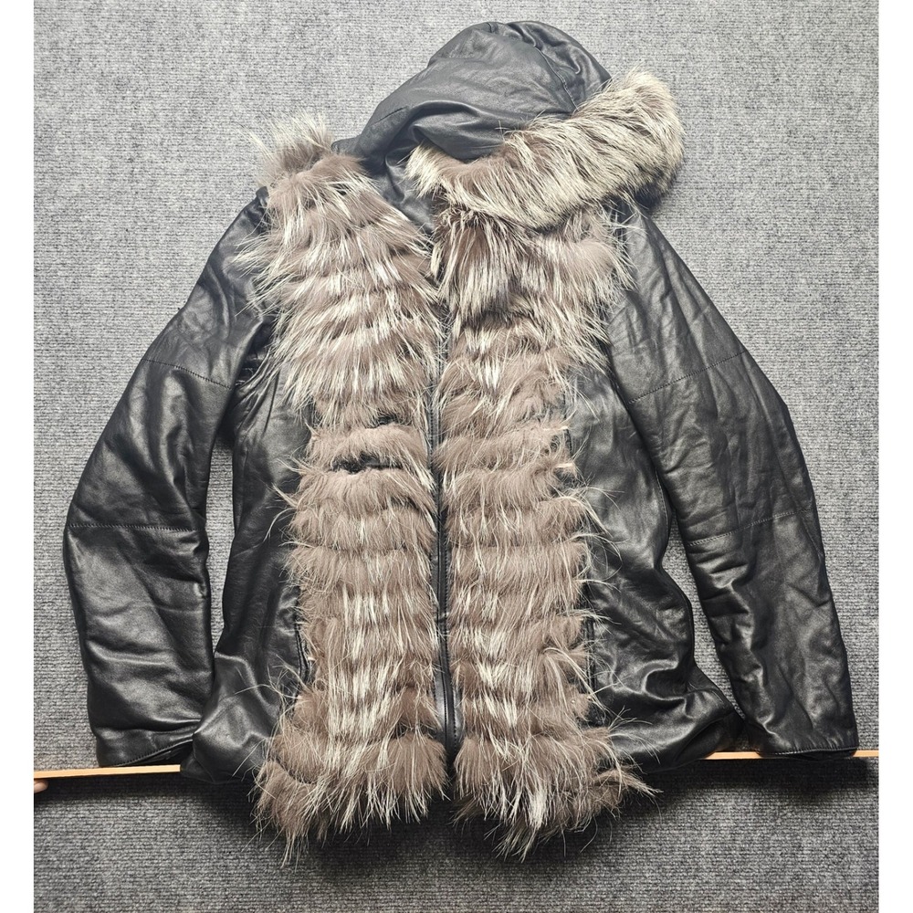 Leishida Black Faux Leather Mink Fur Trim Hooded Jacket Womens 2XL Runs Small